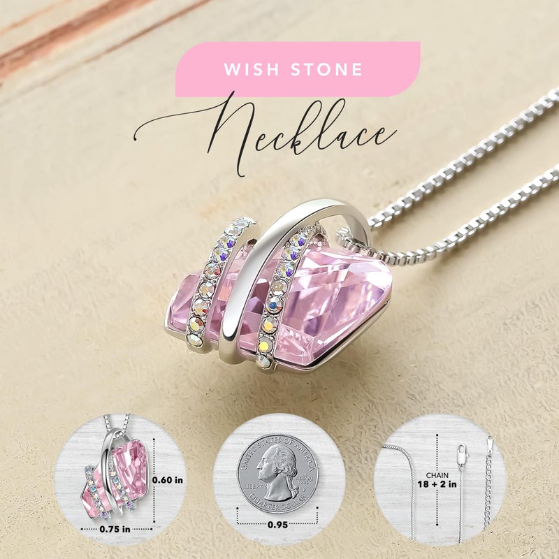 Leafael Wish Stone Pendant Necklace with Light Rosaline Pink Birthstone Crystal for October, Silvertone, 18" + 2" Chain - Image 3